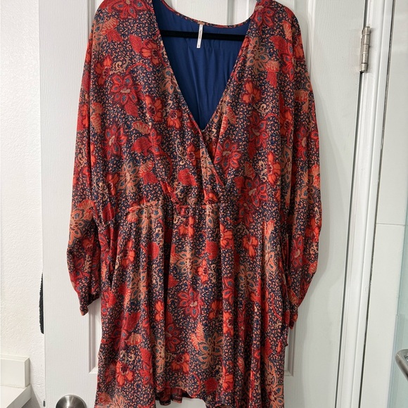 Free People Red and Blue Floral Long Sleeve Mini Dress Large - Picture 4 of 6